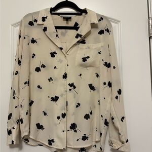 Who What Wear Ivory Blouse with Black Floral Pattern
